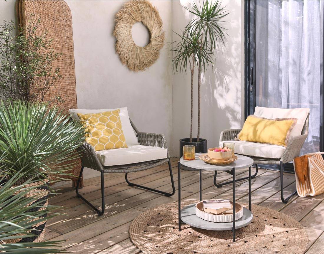 Best Mobilier - Rosane - salon bas de jardin en corde 2 places + table ciment - coussins beiges - Best Mobilier - Image 2