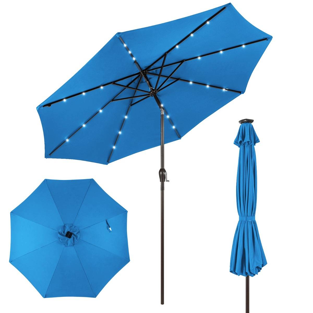 Parasol Inclinable Dia. 300 cm avec 24 Lumières LED Dolaire en Scier Toile Polyester pour Jardin et Terrasse Bleu F180R - Image 3
