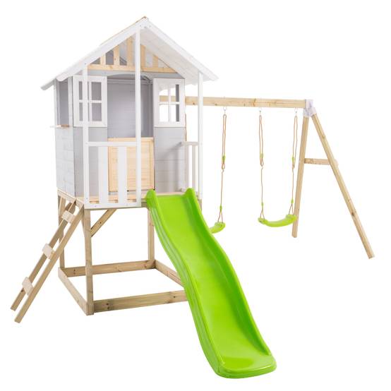 Maisonnette modulable sur pilotis avec balcon, glissière et deux balançoires PERCE-NEIGE en bois FSC® - Image 2