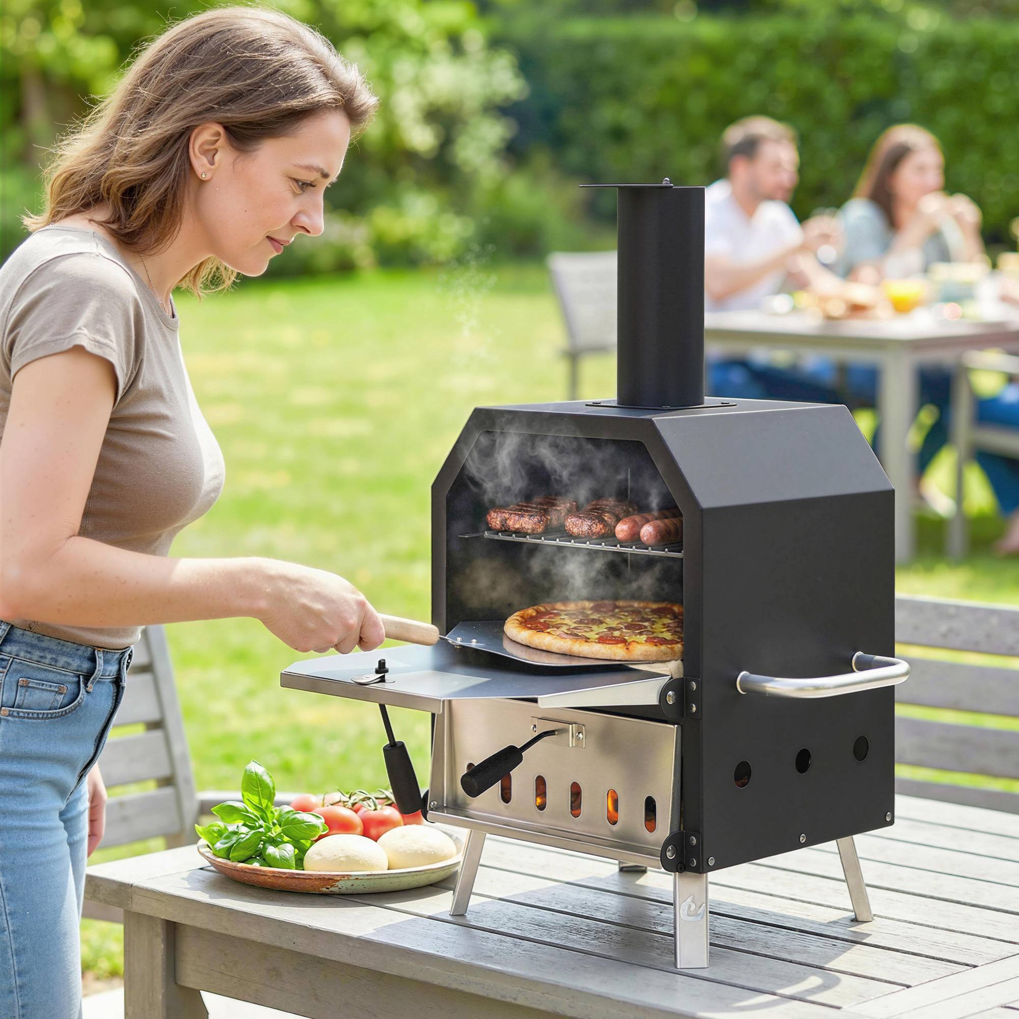 Four à Pizza Extérieur à Bois et Charbon 2 Étages Combiné Barbecue Fumoir Pierre de 30 cm et Pelle Portable Noir - Image 3