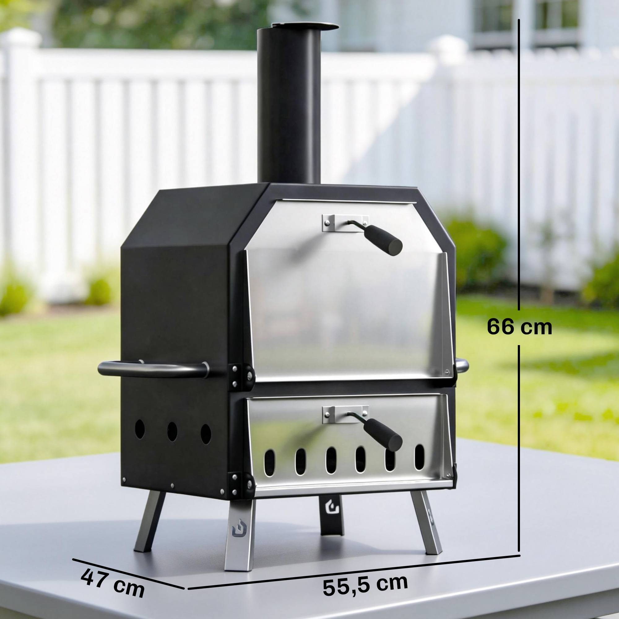 Four à Pizza Extérieur à Bois et Charbon 2 Étages Combiné Barbecue Fumoir Pierre de 30 cm et Pelle Portable Noir - Image 5