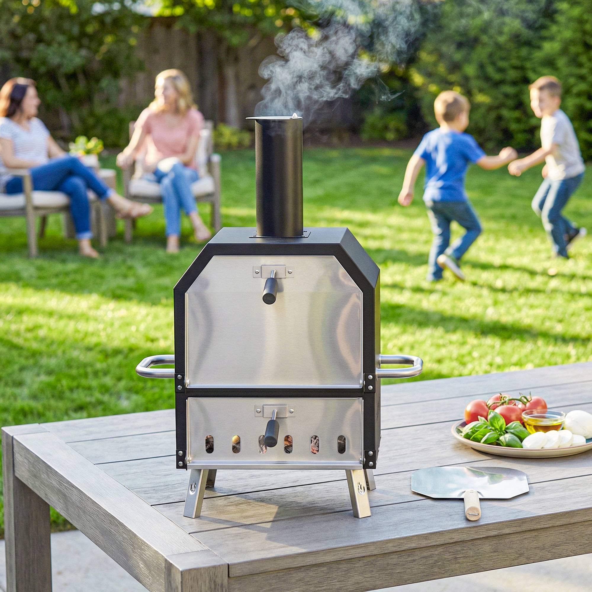 Four à Pizza Extérieur à Bois et Charbon 2 Étages Combiné Barbecue Fumoir Pierre de 30 cm et Pelle Portable Noir - Image 10