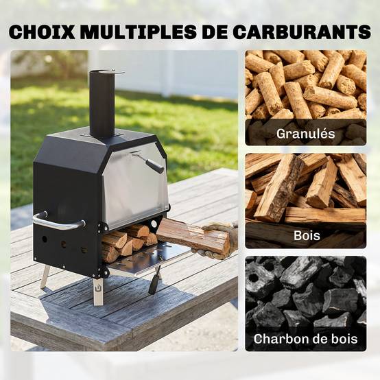 Four à Pizza Extérieur à Bois et Charbon 2 Étages Combiné Barbecue Fumoir Pierre de 30 cm et Pelle Portable Noir - Image 7