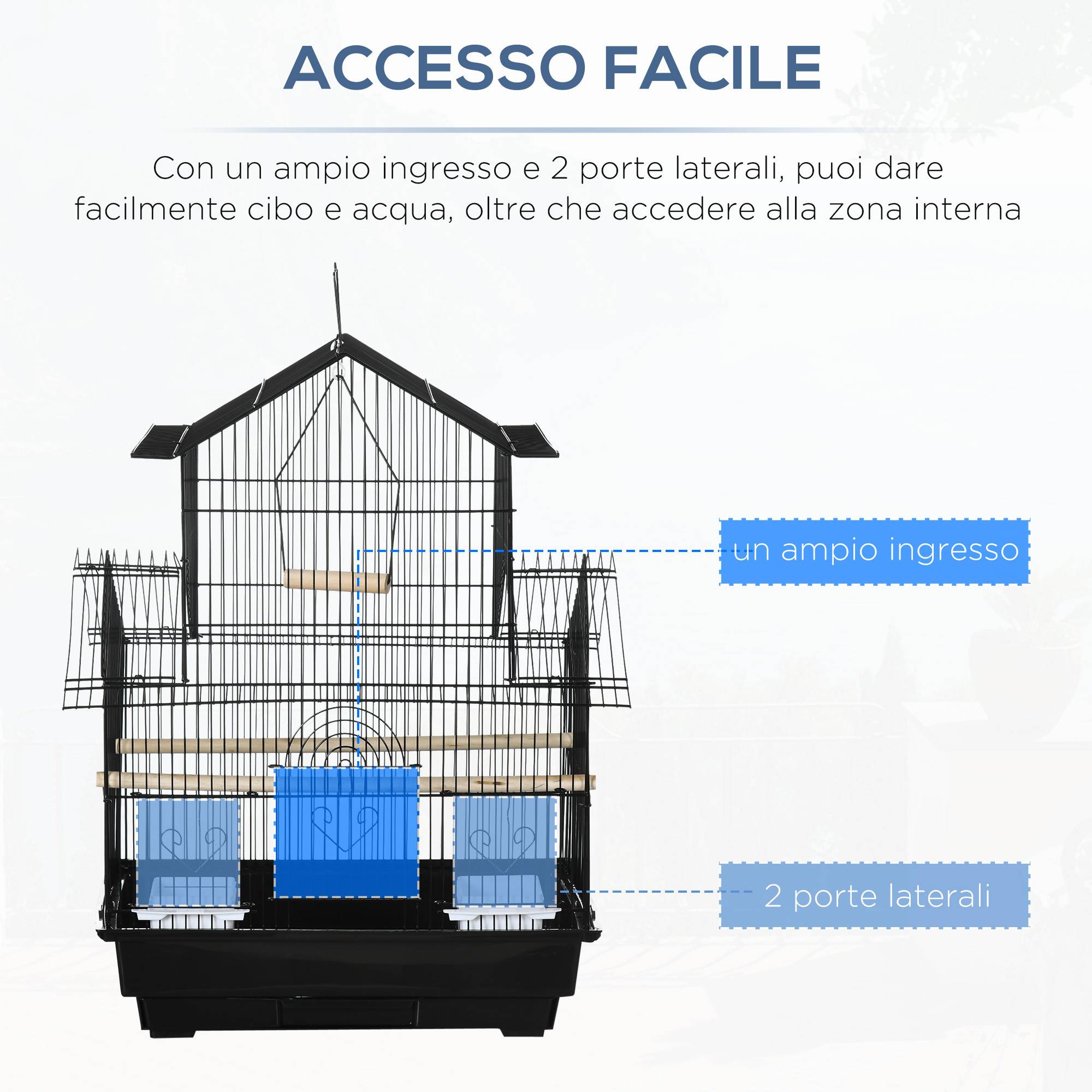 Cage à oiseaux avec poignée de transport et plateau amovible, métal et plastique, 50,5 x 41 x 63 cm, noire - Image 8