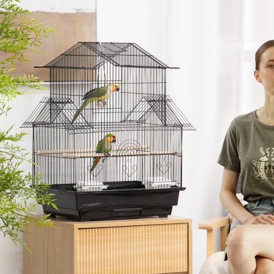 Cage à oiseaux avec poignée de transport et plateau amovible, métal et plastique, 50,5 x 41 x 63 cm, noire - Image 3