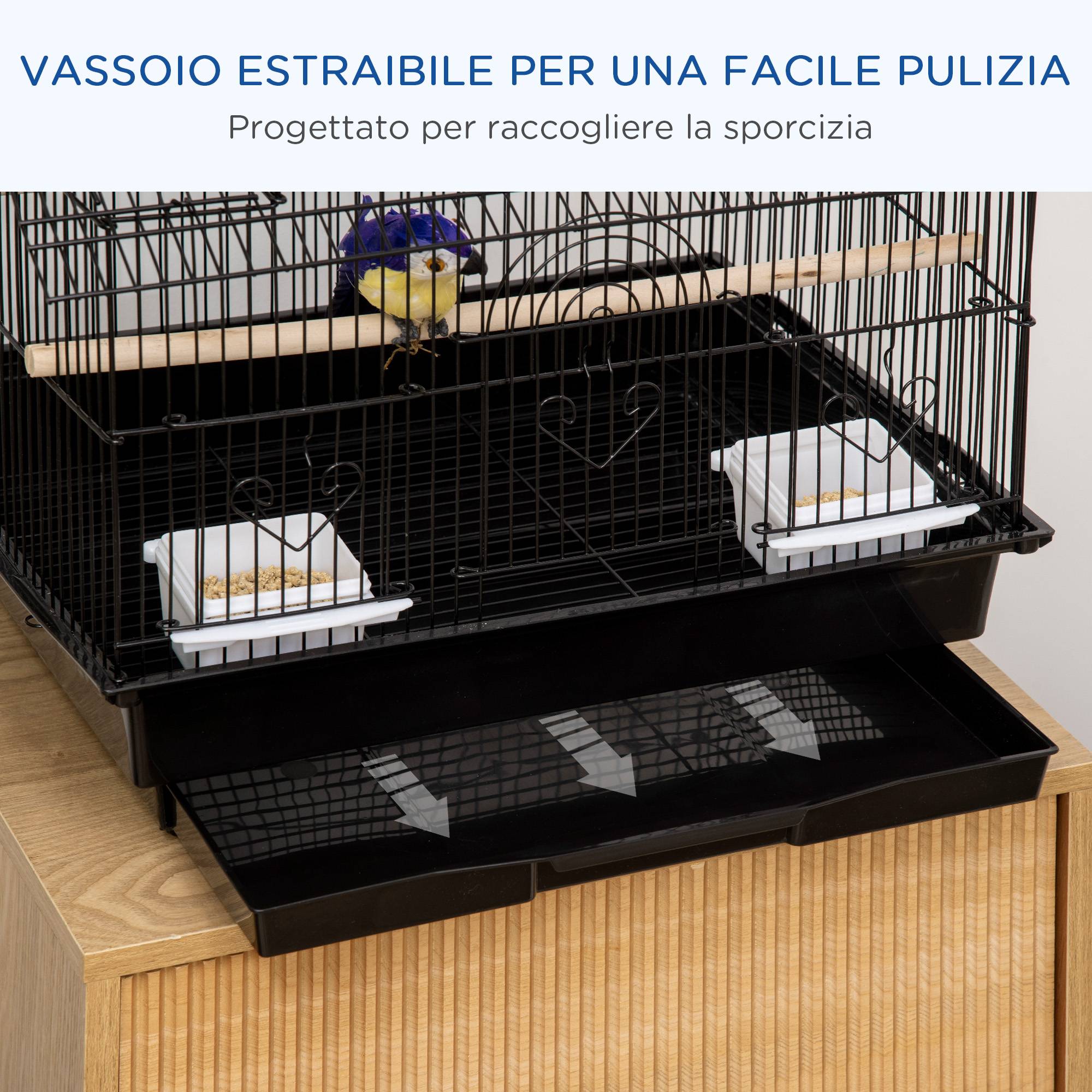 Cage à oiseaux avec poignée de transport et plateau amovible, métal et plastique, 50,5 x 41 x 63 cm, noire - Image 7