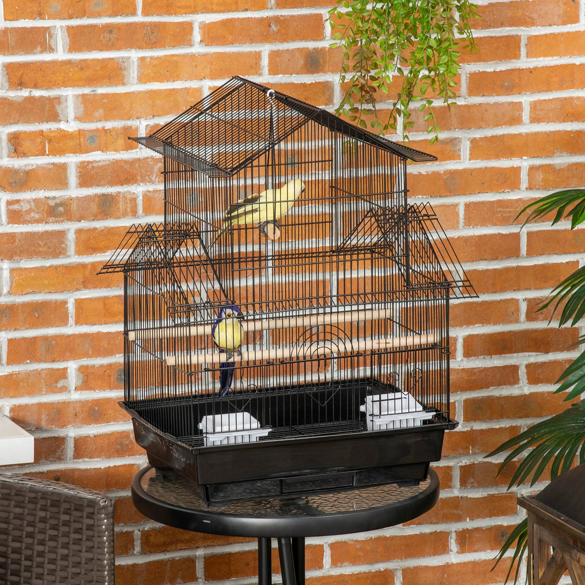 Cage à oiseaux avec poignée de transport et plateau amovible, métal et plastique, 50,5 x 41 x 63 cm, noire - Image 4