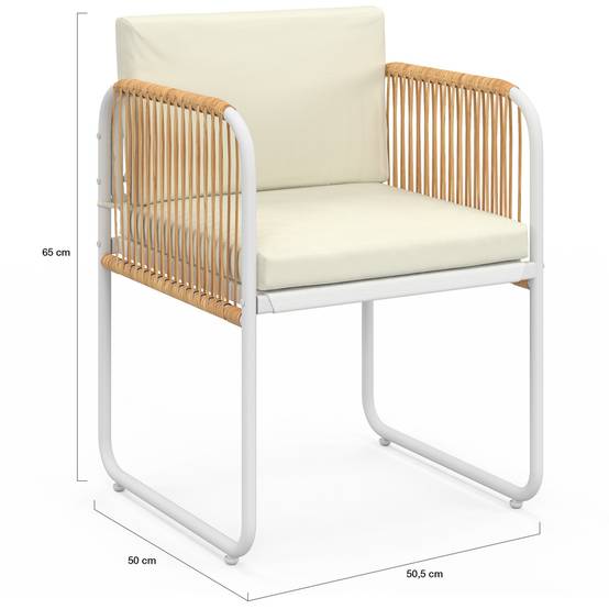 Lot de 4 chaises RIO structure métal blanc, cordage effet rotin clair et coussins beiges - Image 5