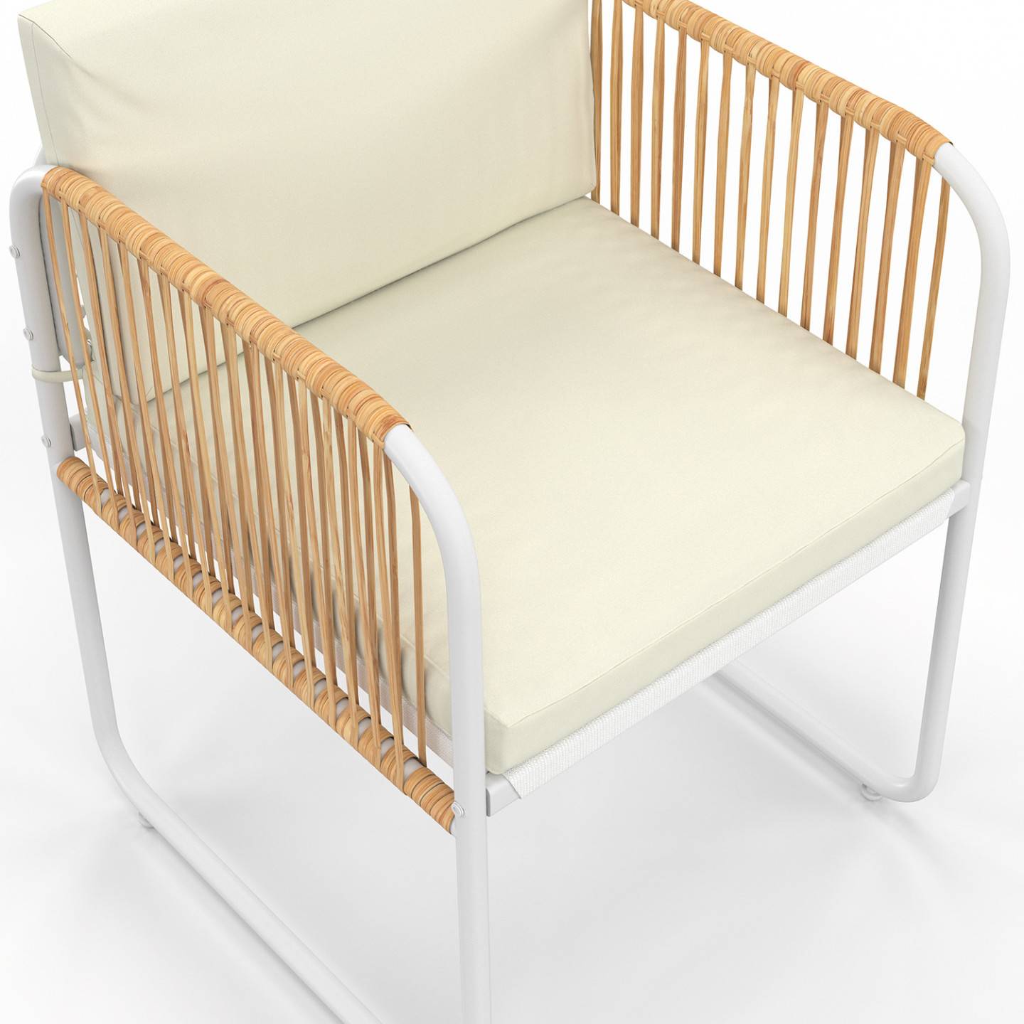 Lot de 4 chaises RIO structure métal blanc, cordage effet rotin clair et coussins beiges - Image 6