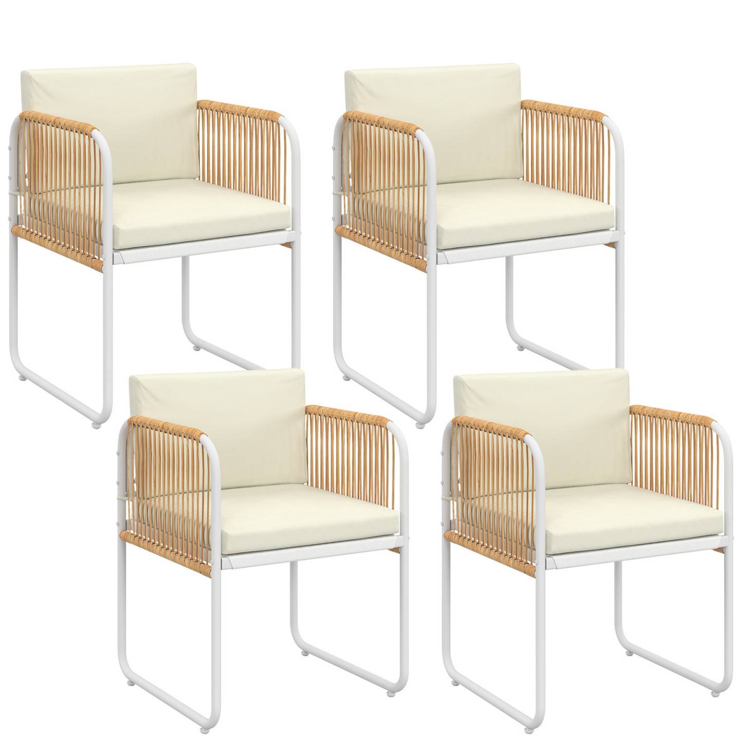 Lot de 4 chaises RIO structure métal blanc, cordage effet rotin clair et coussins beiges - Image 2