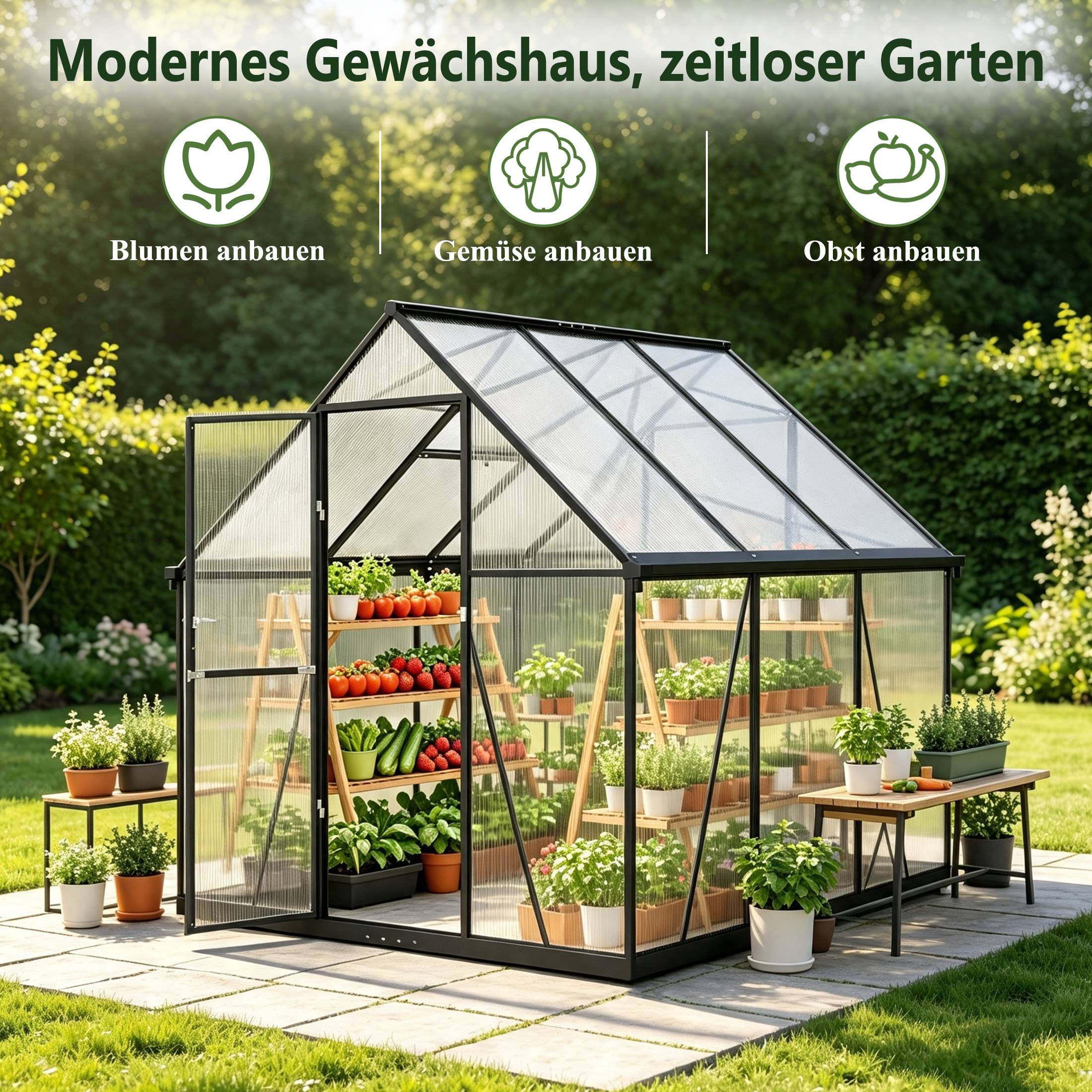ComfortXL - Serre de jardin polycarbonate aluminium 175 x 168 x 194 cm noire pour potager avec fenêtre réglable et gouttières - Image 8