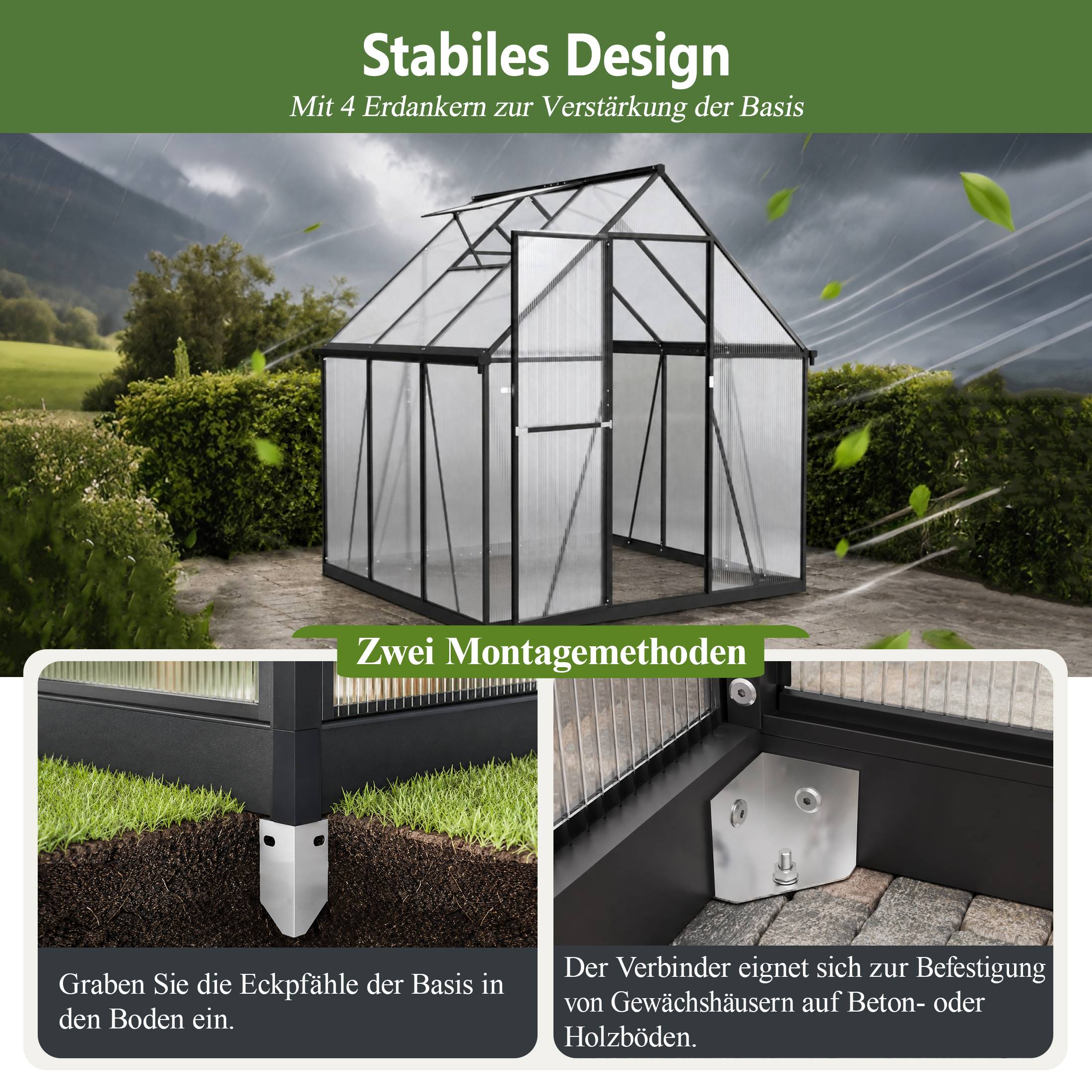 ComfortXL - Serre de jardin polycarbonate aluminium 175 x 168 x 194 cm noire pour potager avec fenêtre réglable et gouttières - Image 5