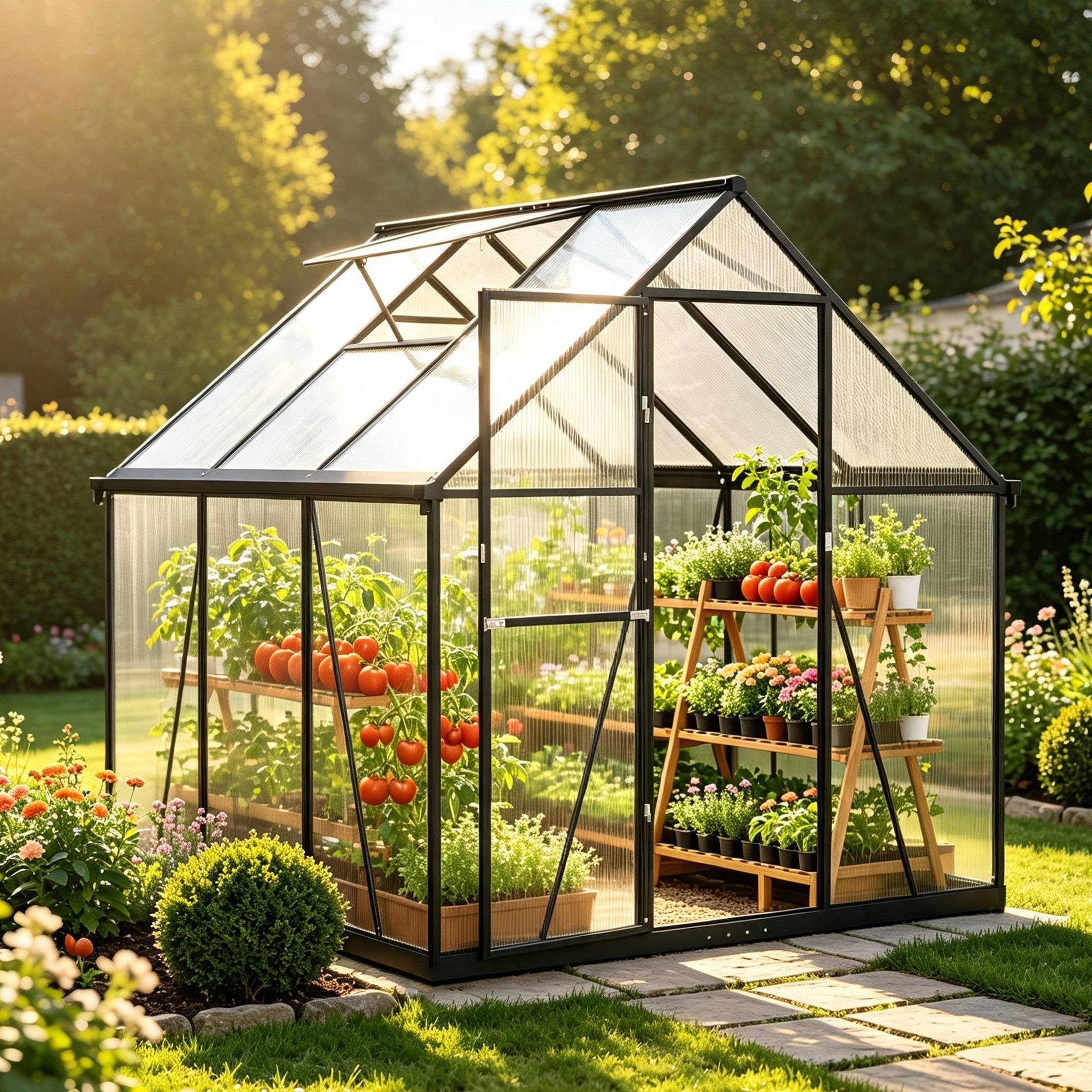 ComfortXL - Serre de jardin polycarbonate aluminium 175 x 168 x 194 cm noire pour potager avec fenêtre réglable et gouttières - Image 1