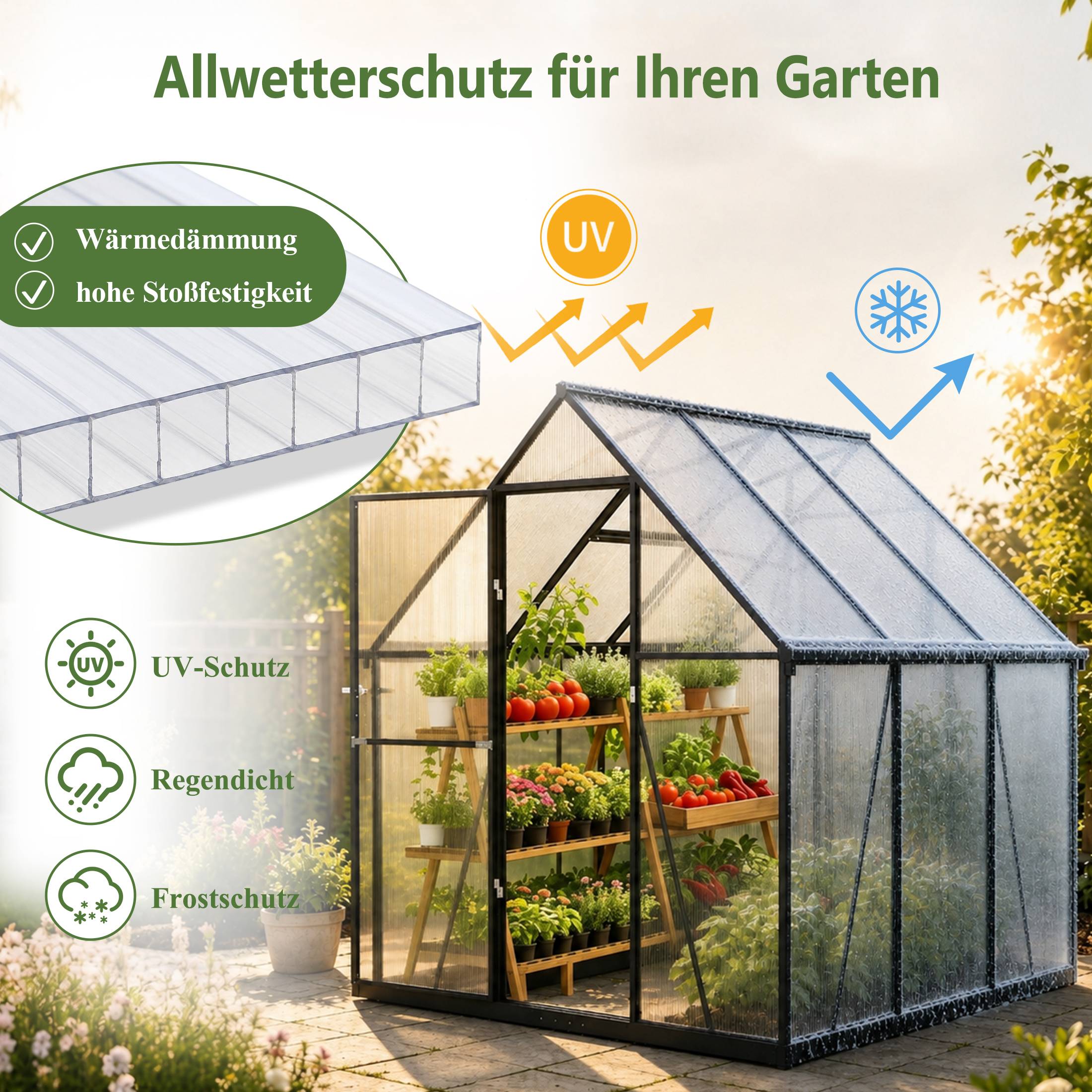 ComfortXL - Serre de jardin polycarbonate aluminium 175 x 168 x 194 cm noire pour potager avec fenêtre réglable et gouttières - Image 6