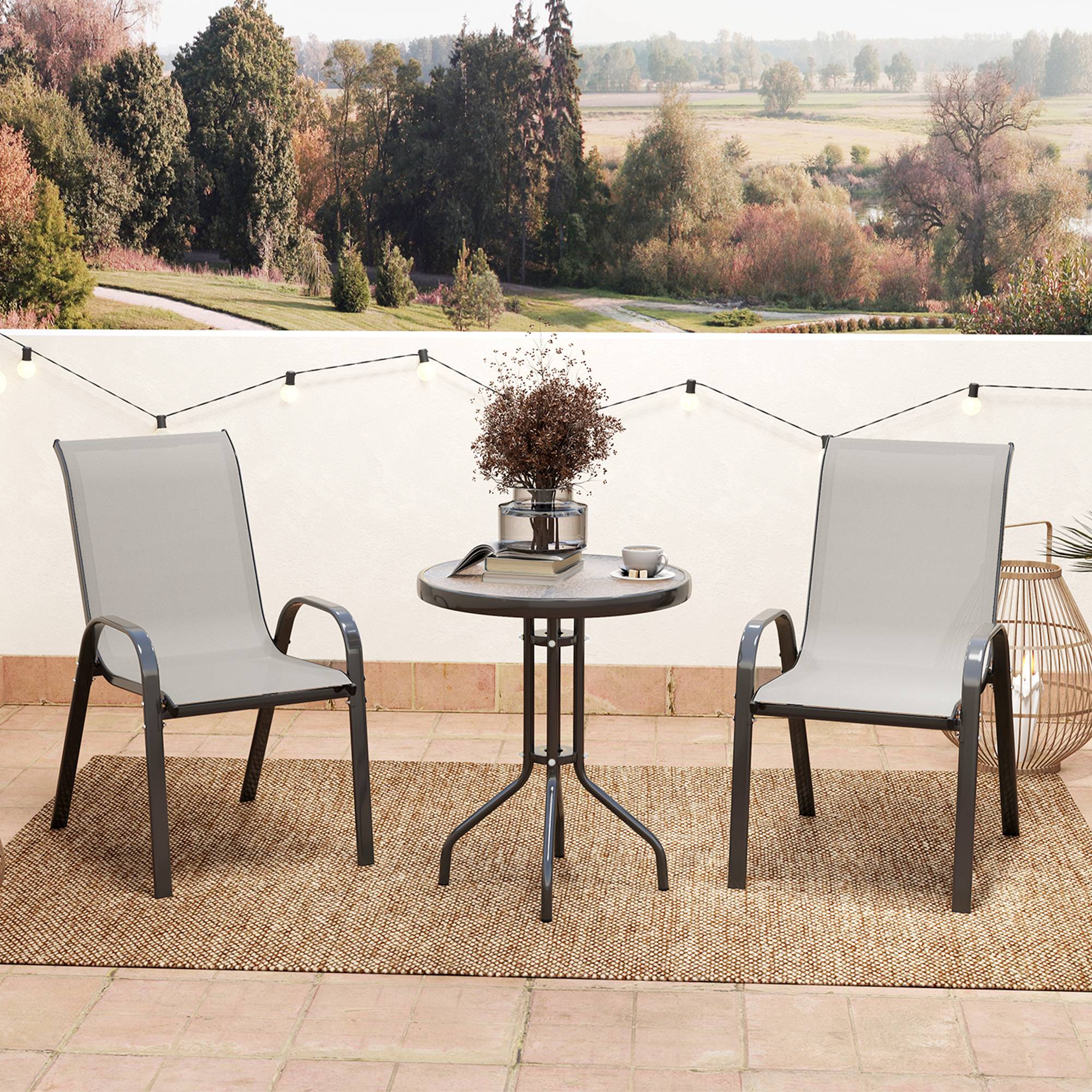 Outsunny - Salon jardin 3 pièces 2 fauteuils empilables table basse verre trempé textilène gris clair - Outsunny - Image 2