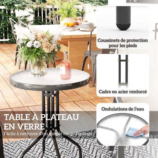 Outsunny - Salon jardin 3 pièces 2 fauteuils empilables table basse verre trempé textilène gris clair - Outsunny - Image 6