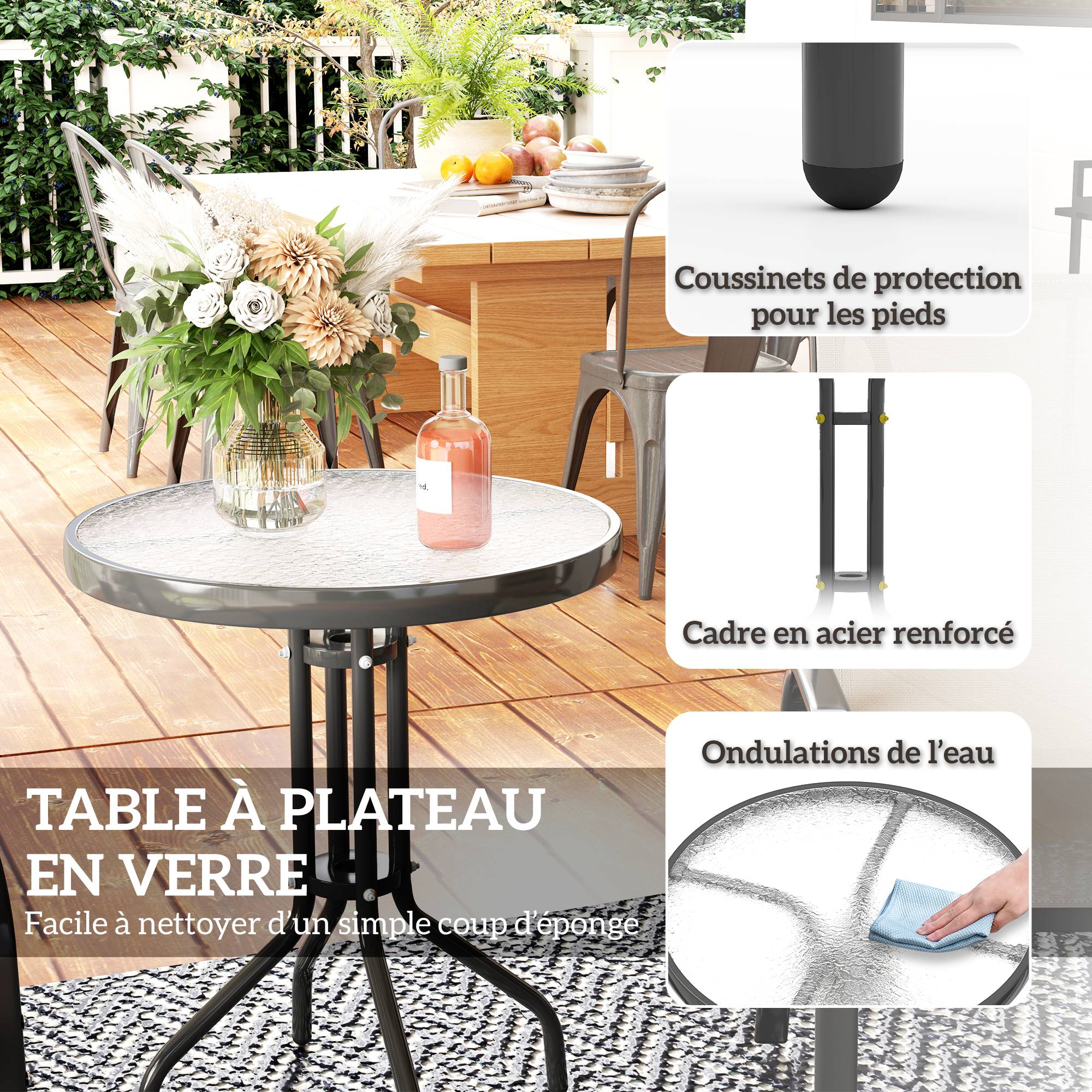 Outsunny - Salon jardin 3 pièces 2 fauteuils empilables table basse verre trempé textilène gris clair - Outsunny - Image 6