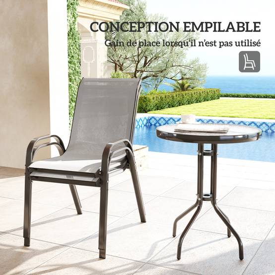 Outsunny - Salon jardin 3 pièces 2 fauteuils empilables table basse verre trempé textilène gris clair - Outsunny - Image 4