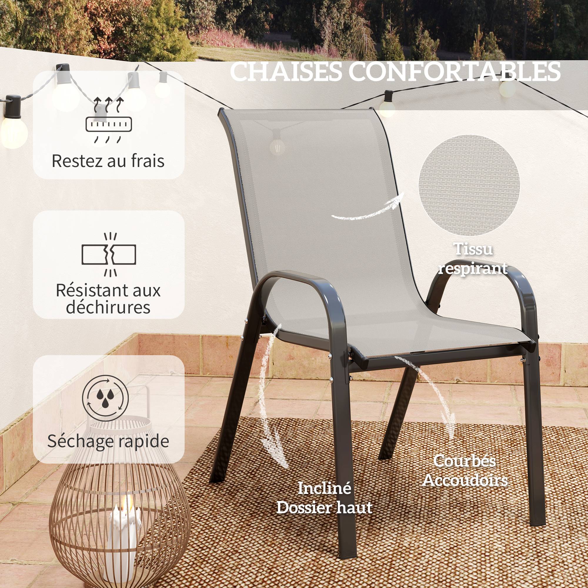 Outsunny - Salon jardin 3 pièces 2 fauteuils empilables table basse verre trempé textilène gris clair - Outsunny - Image 5