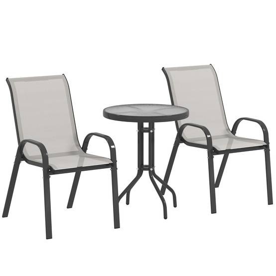 Outsunny - Salon jardin 3 pièces 2 fauteuils empilables table basse verre trempé textilène gris clair - Outsunny - Image 1
