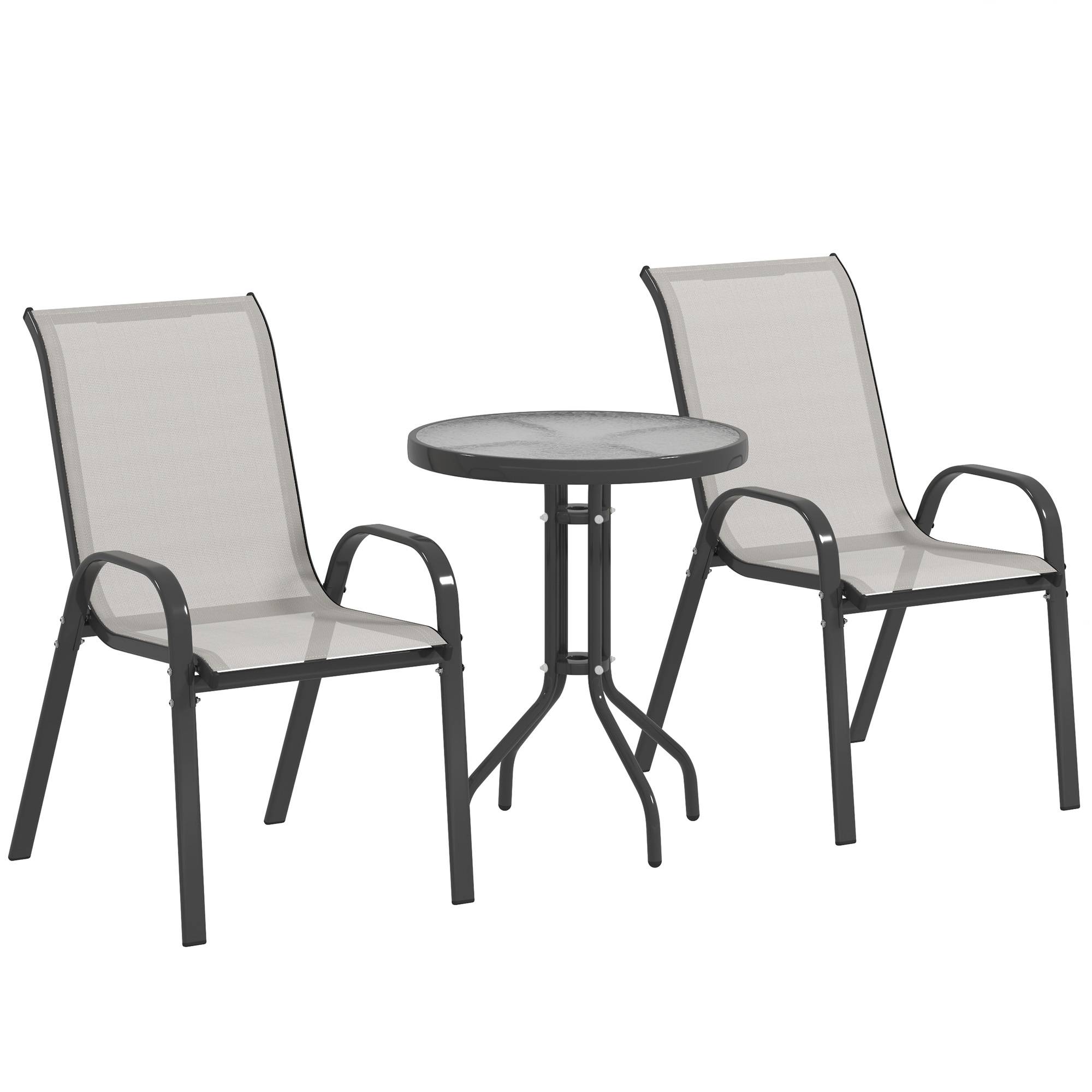 Outsunny - Salon jardin 3 pièces 2 fauteuils empilables table basse verre trempé textilène gris clair - Outsunny - Image 1