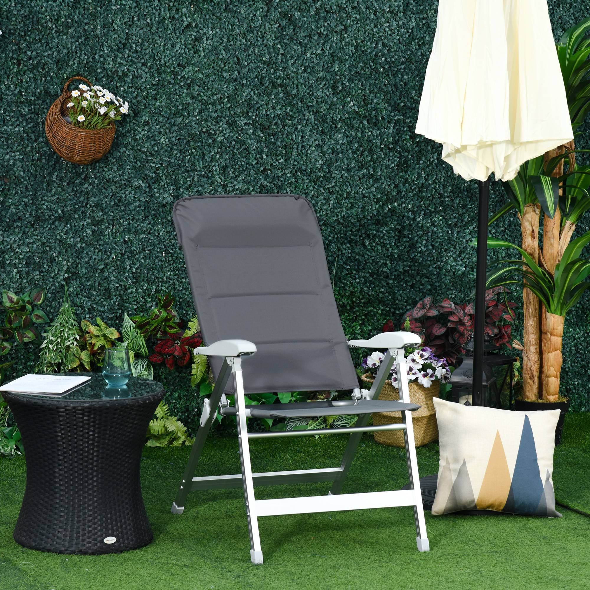 Chaise de Jardin Pliante Aluminium Dossier Haut 7 Positions avec Appui-Tête Rembourré, Terrasse/Camping, 75 x 61,5 x 114,5 cm, Grise - Image 4