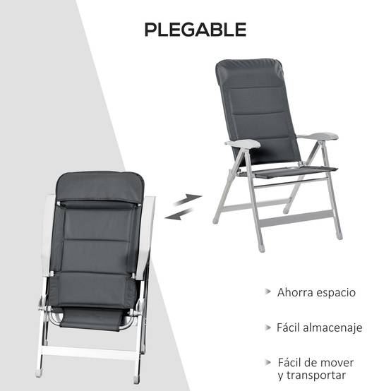 Chaise de Jardin Pliante Aluminium Dossier Haut 7 Positions avec Appui-Tête Rembourré, Terrasse/Camping, 75 x 61,5 x 114,5 cm, Grise - Image 7