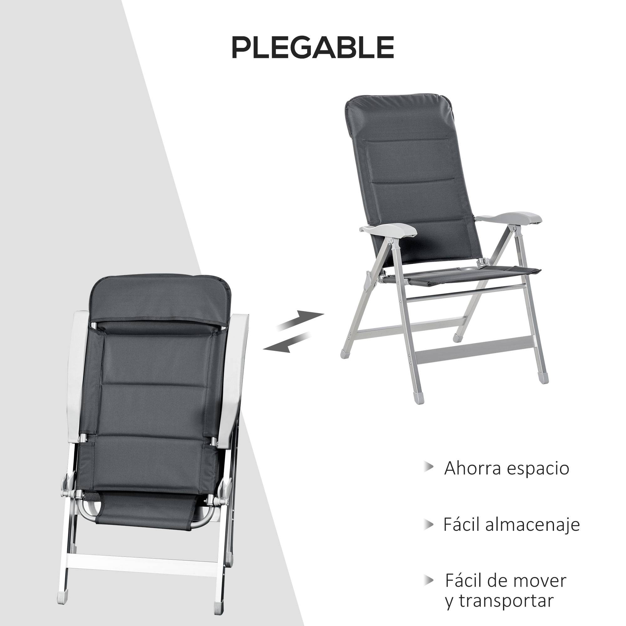 Chaise de Jardin Pliante Aluminium Dossier Haut 7 Positions avec Appui-Tête Rembourré, Terrasse/Camping, 75 x 61,5 x 114,5 cm, Grise - Image 7