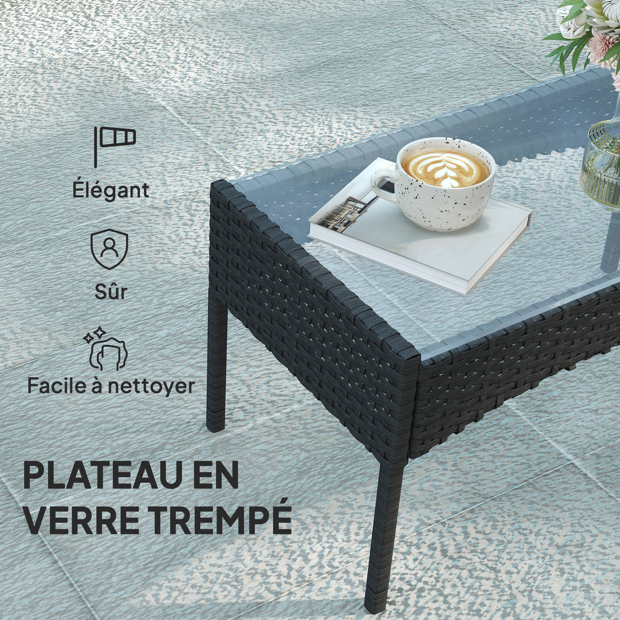 Salon de jardin extérieur 4 personnes en résine tressée avec canapés et table basse en verre trempé coussins inclus beige - Image 9