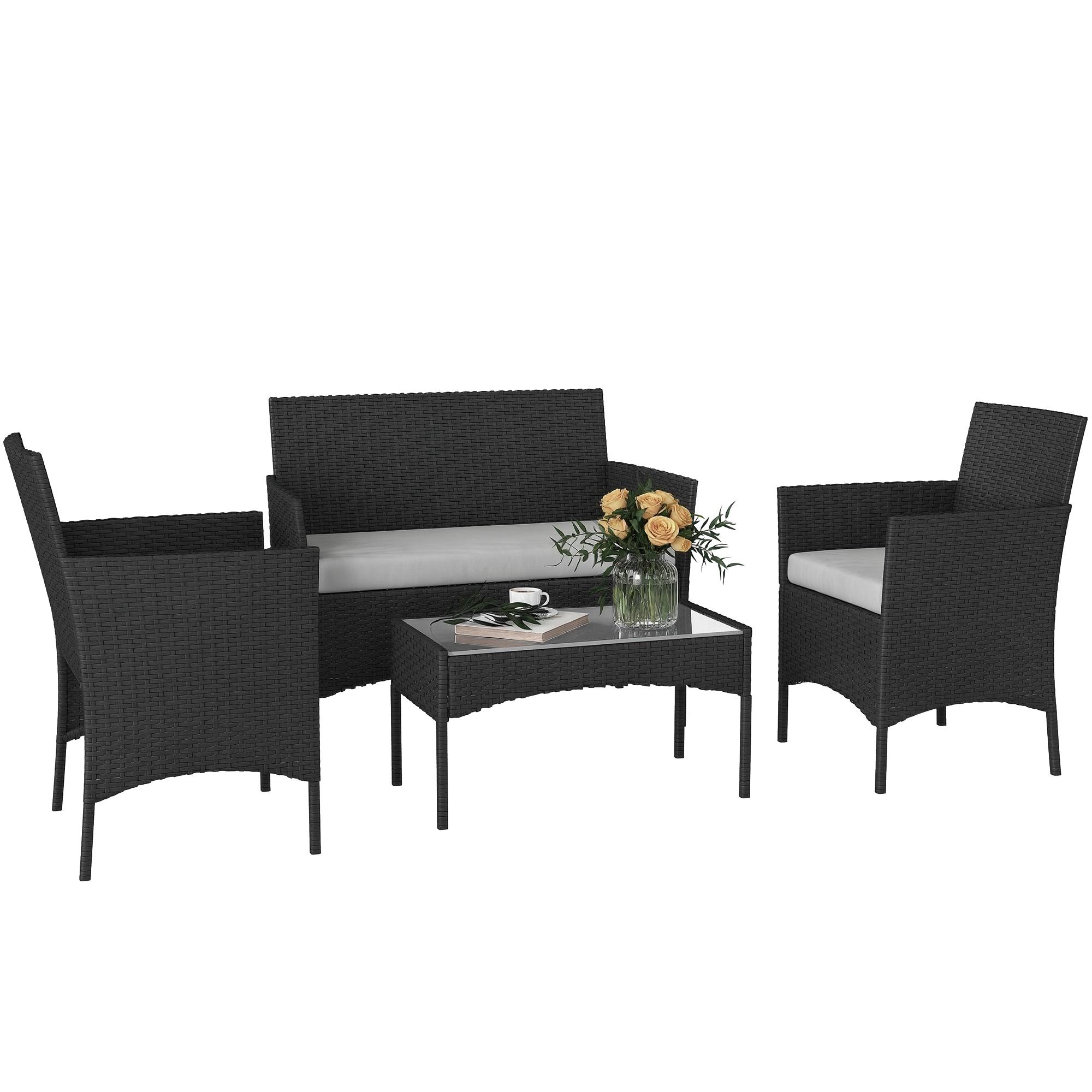 Salon de jardin extérieur 4 personnes en résine tressée avec canapés et table basse en verre trempé coussins inclus beige - Image 1