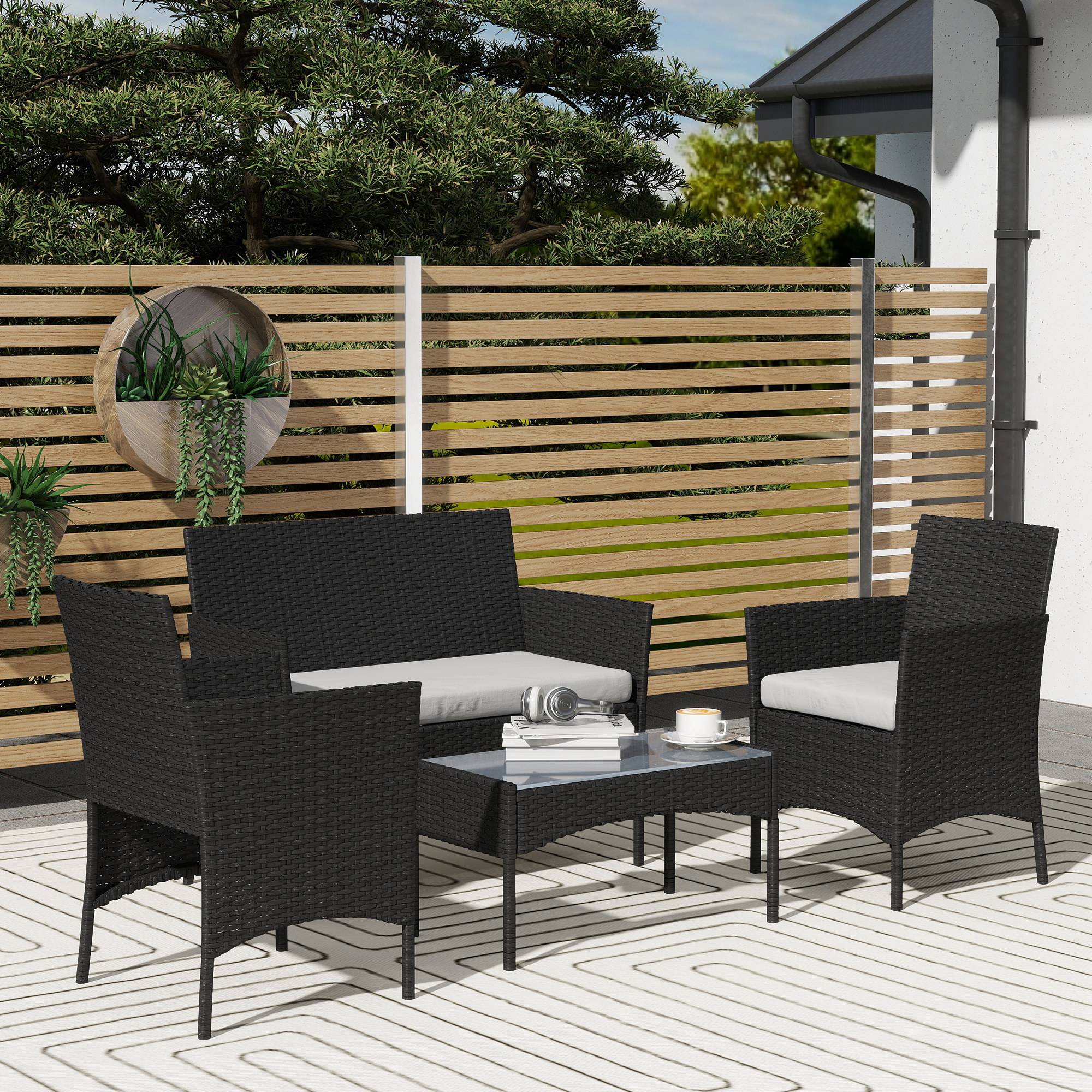 Salon de jardin extérieur 4 personnes en résine tressée avec canapés et table basse en verre trempé coussins inclus beige - Image 3