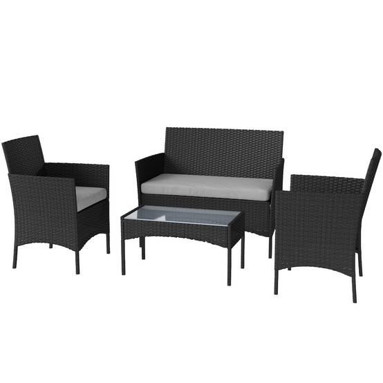 Salon de jardin extérieur 4 personnes en résine tressée avec canapés et table basse en verre trempé coussins inclus beige - Image 2