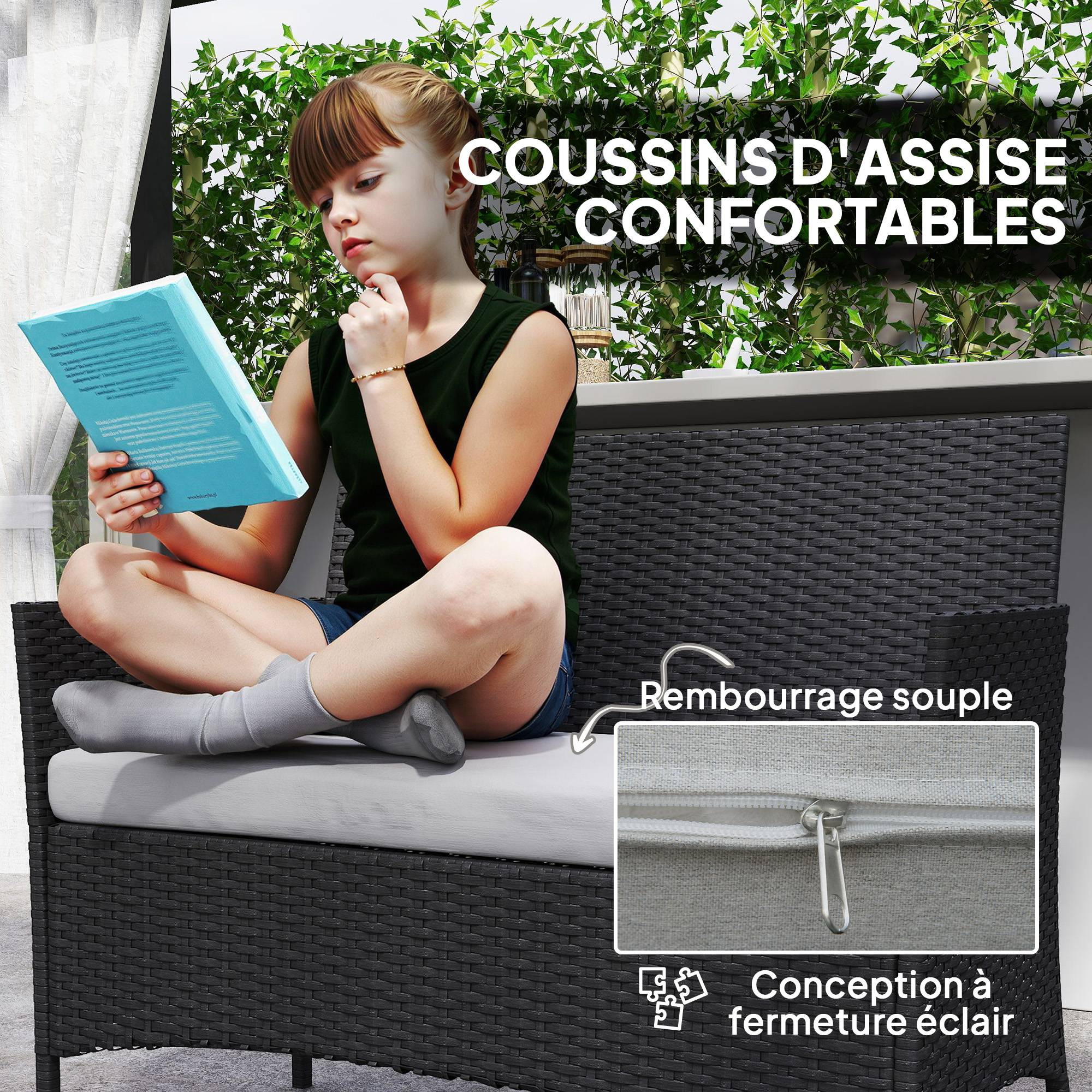 Salon de jardin extérieur 4 personnes en résine tressée avec canapés et table basse en verre trempé coussins inclus beige - Image 8