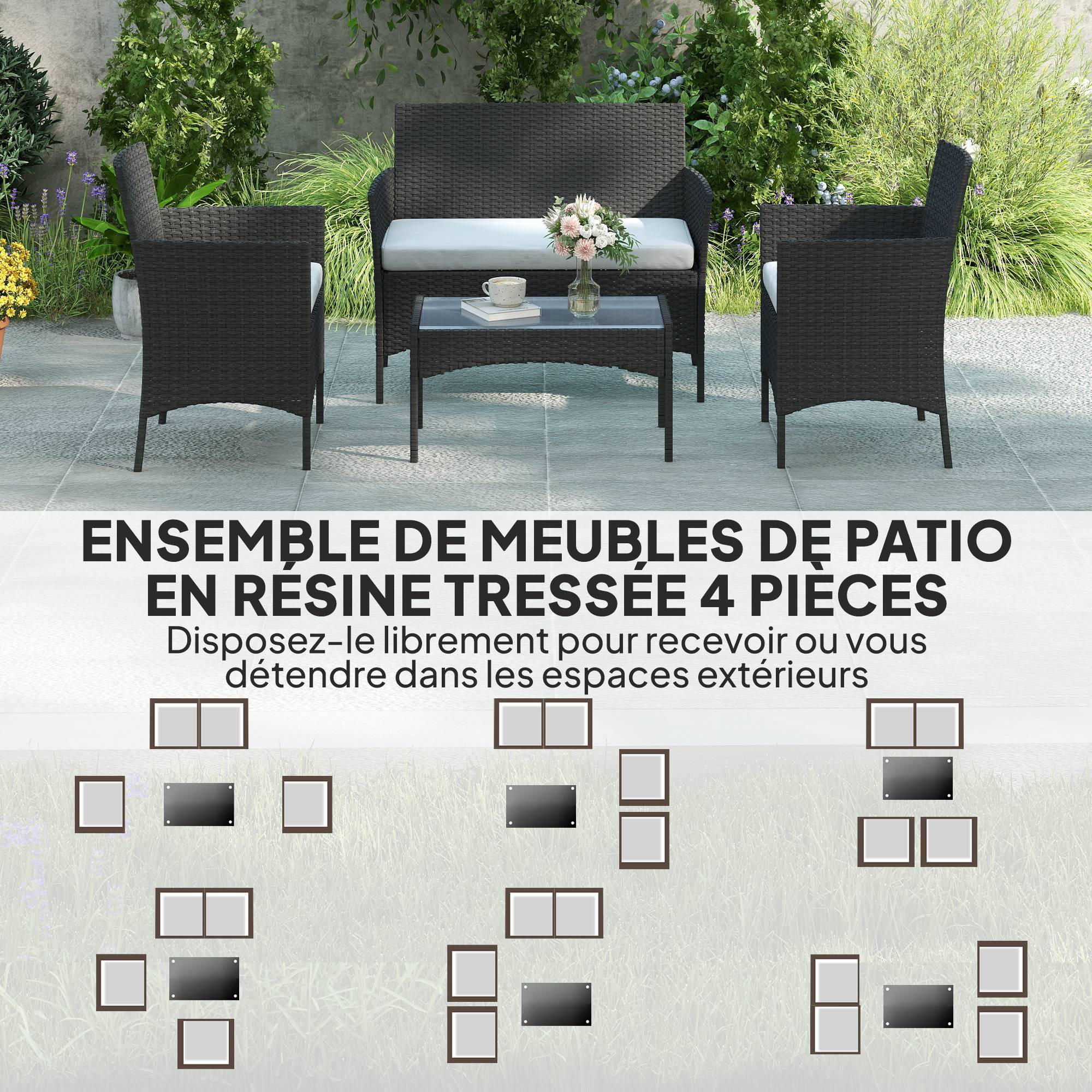 Salon de jardin extérieur 4 personnes en résine tressée avec canapés et table basse en verre trempé coussins inclus beige - Image 6