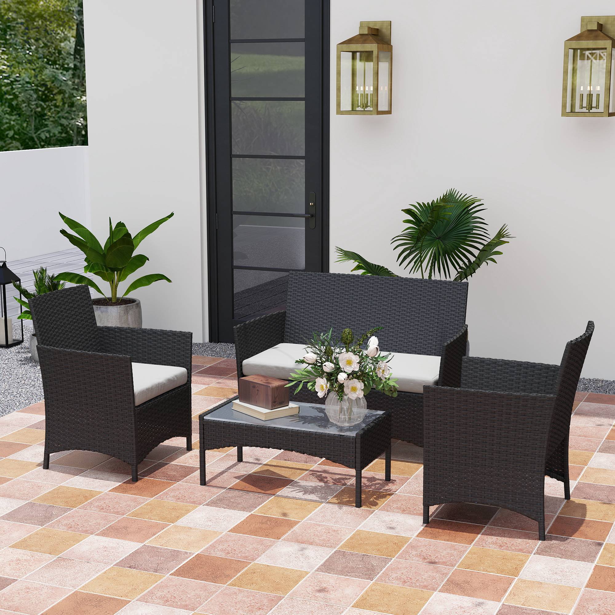 Salon de jardin extérieur 4 personnes en résine tressée avec canapés et table basse en verre trempé coussins inclus beige - Image 4
