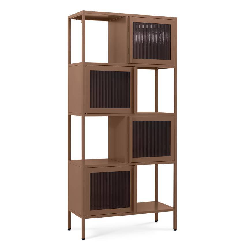 Sicaan Etagère industrielle H.170  cm 4 portes 4 niches marron et verre cannelé KIARA - Image 4
