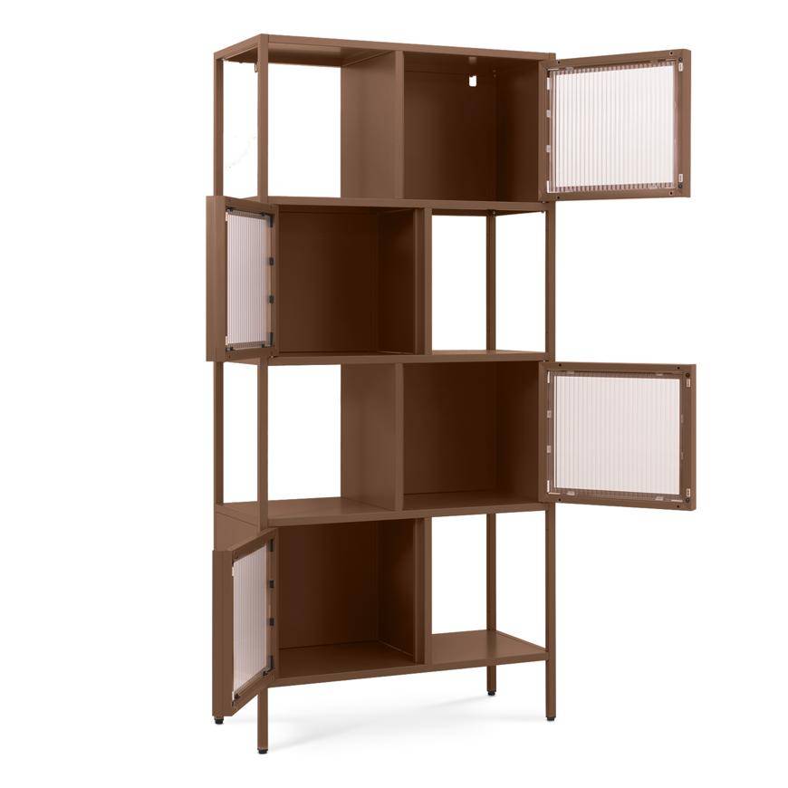 Sicaan Etagère industrielle H.170  cm 4 portes 4 niches marron et verre cannelé KIARA - Image 5
