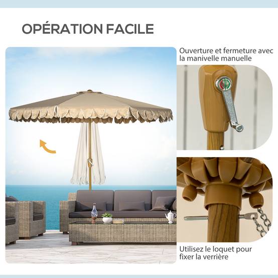 Outsunny - Parasol de jardin droit inclinable rond Ø264cm volants mât démontable 8 baleines tissu polyester haute dens. anti-UV beige - Outsunny - Image 5