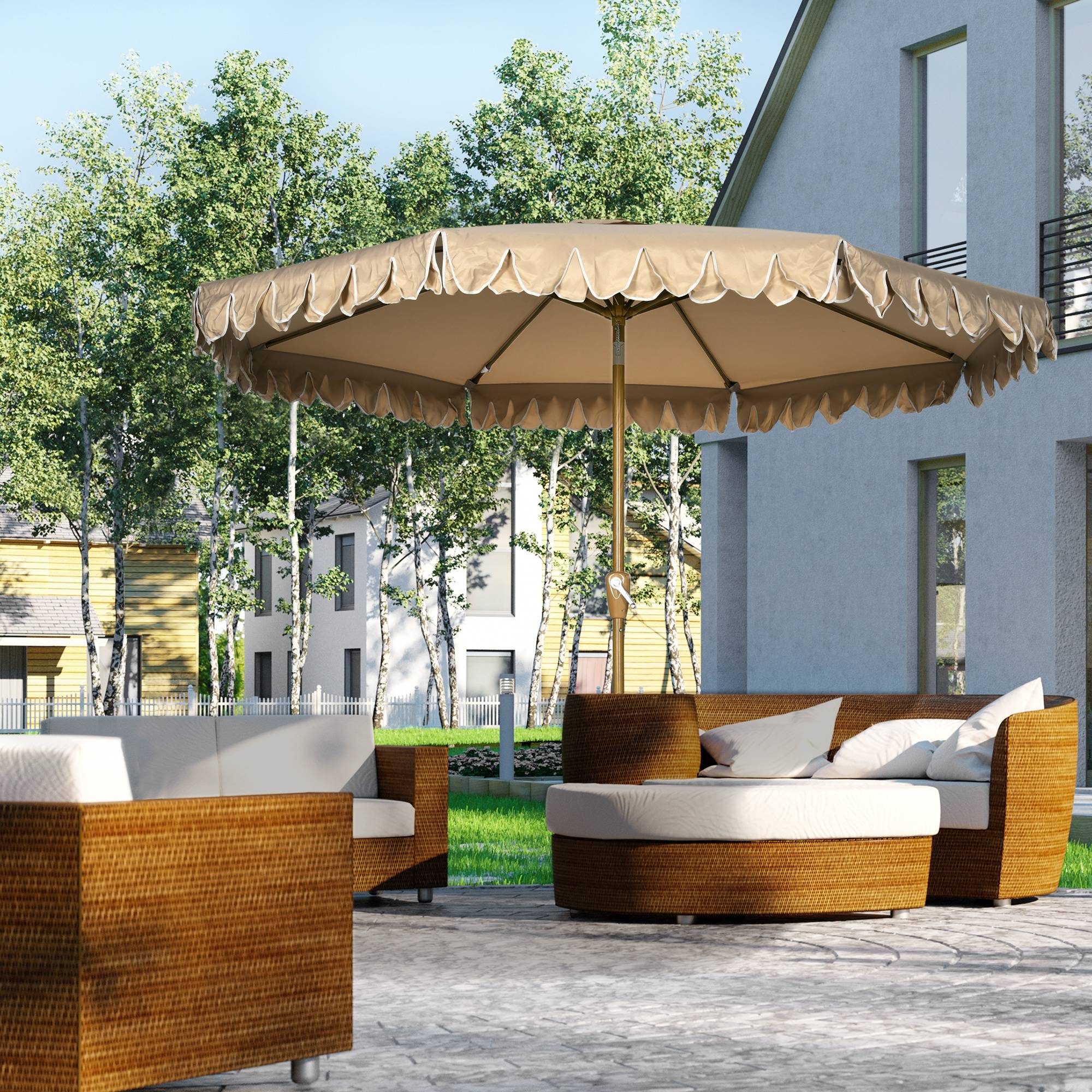 Outsunny - Parasol de jardin droit inclinable rond Ø264cm volants mât démontable 8 baleines tissu polyester haute dens. anti-UV beige - Outsunny - Image 2