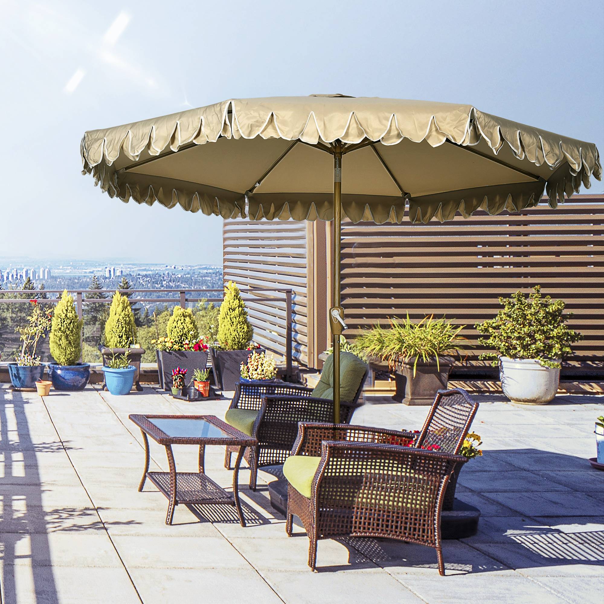 Outsunny - Parasol de jardin droit inclinable rond Ø264cm volants mât démontable 8 baleines tissu polyester haute dens. anti-UV beige - Outsunny - Image 9