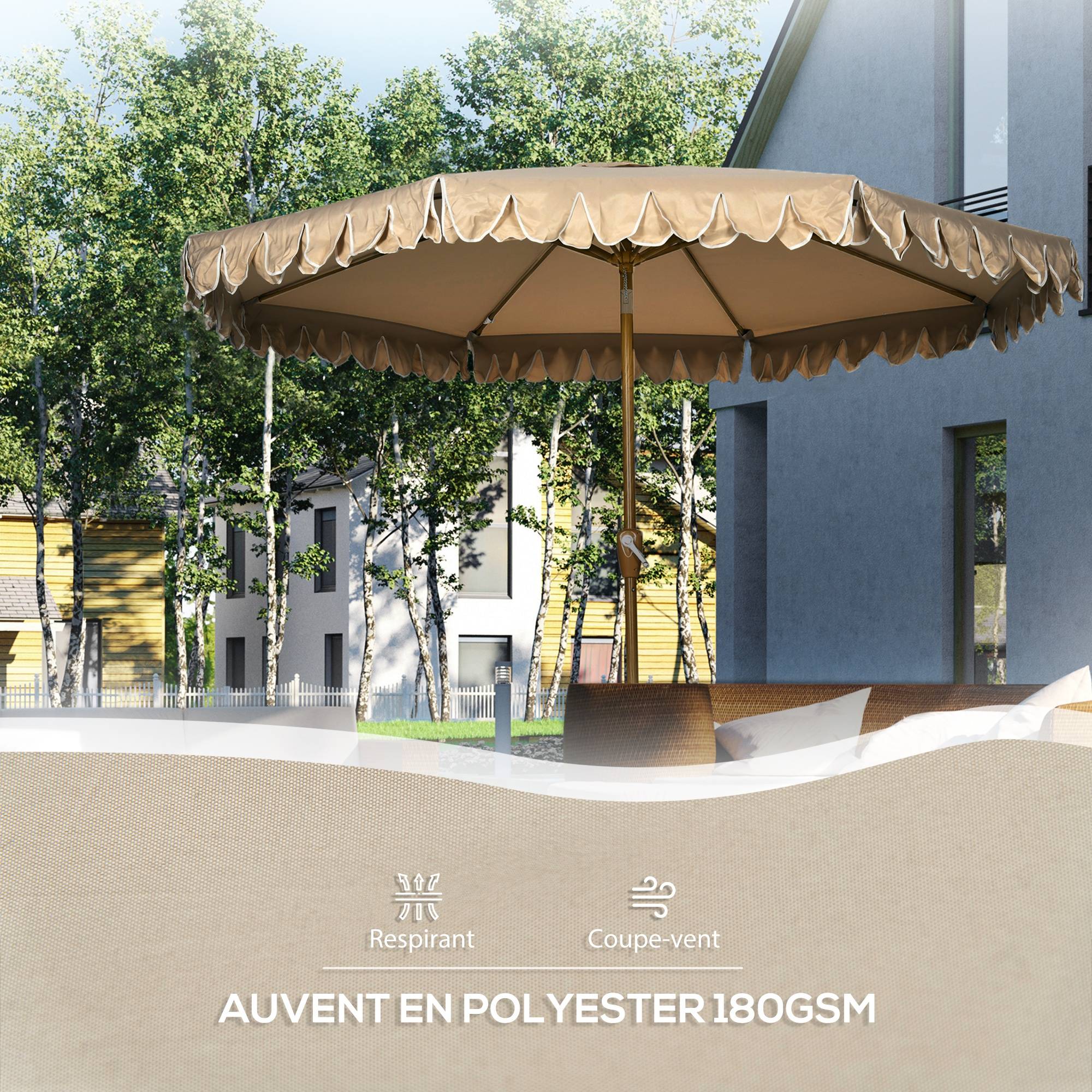 Outsunny - Parasol de jardin droit inclinable rond Ø264cm volants mât démontable 8 baleines tissu polyester haute dens. anti-UV beige - Outsunny - Image 6
