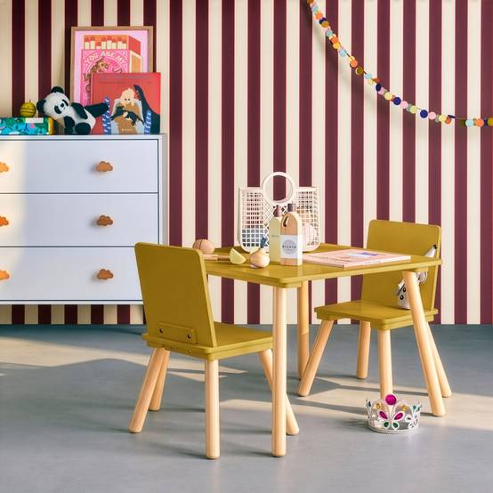 sweeek - Table carrée enfant bois de pin 2 assises jaune - Judith | sweeek - Image 1