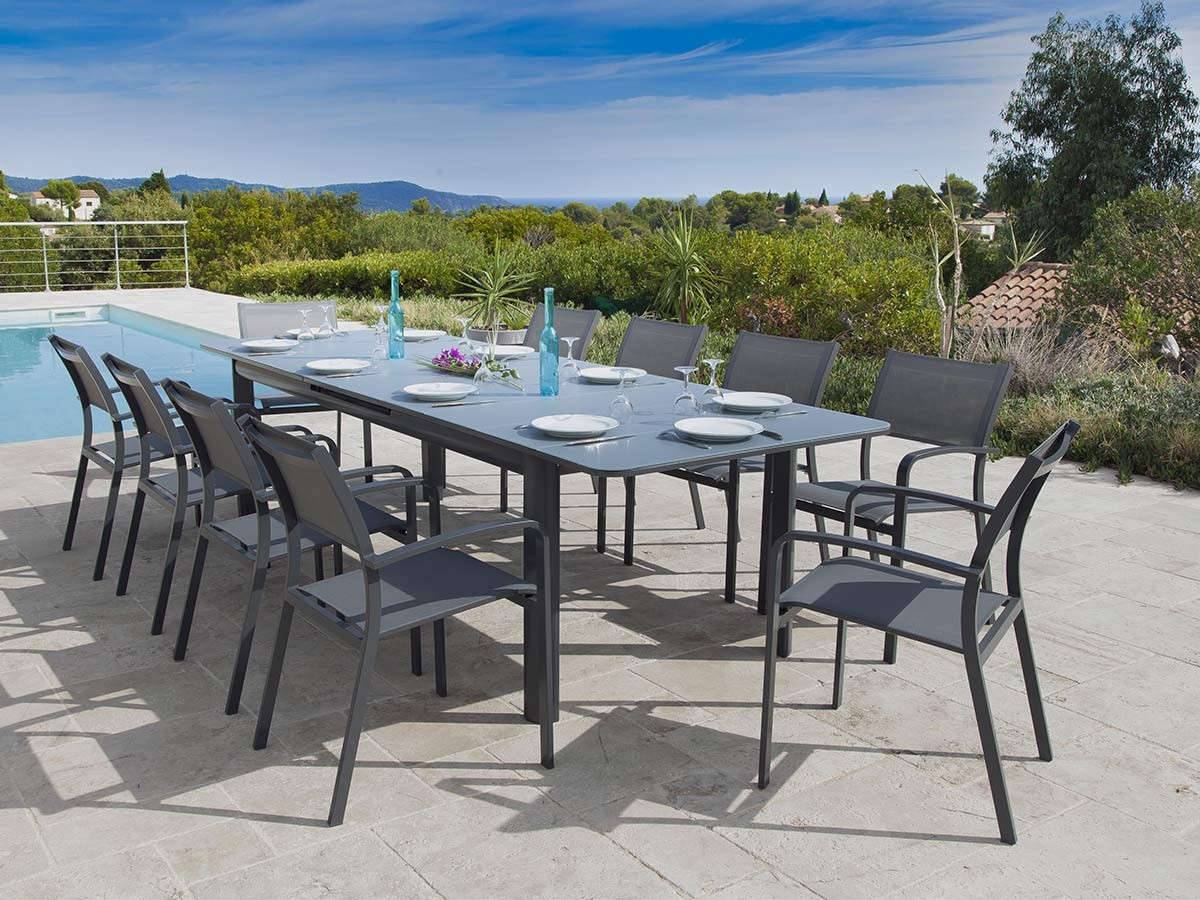 Table de jardin rectangulaire extensible en aluminium Milos Anthracite 10/12 places + 12 chaises - Jardiline - Image 2