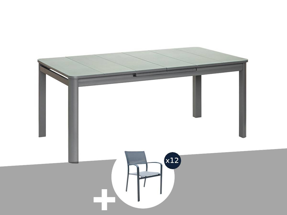 Table de jardin rectangulaire extensible en aluminium Milos Anthracite 10/12 places + 12 chaises - Jardiline