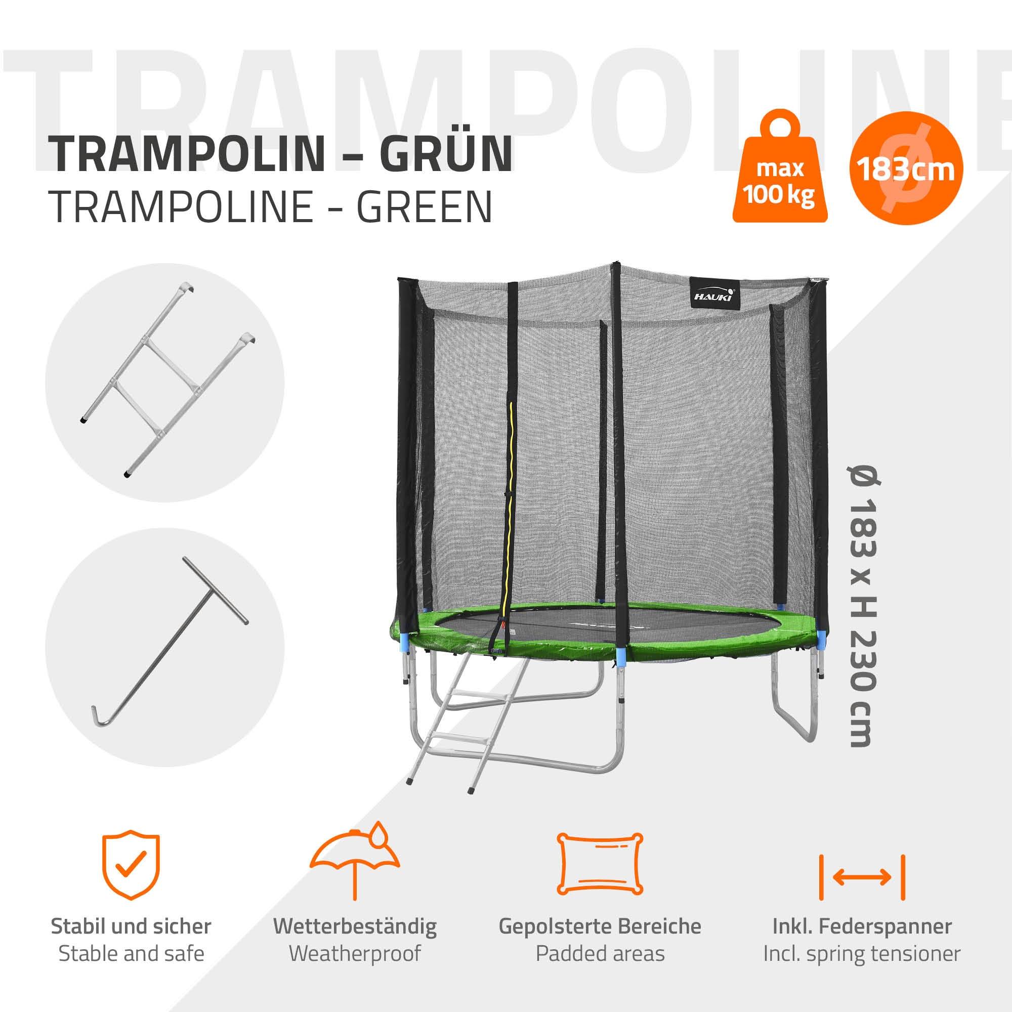 Trampoline de jardin avec filet de sécurité et échelle set complet vert Ø 183 cm - Image 3