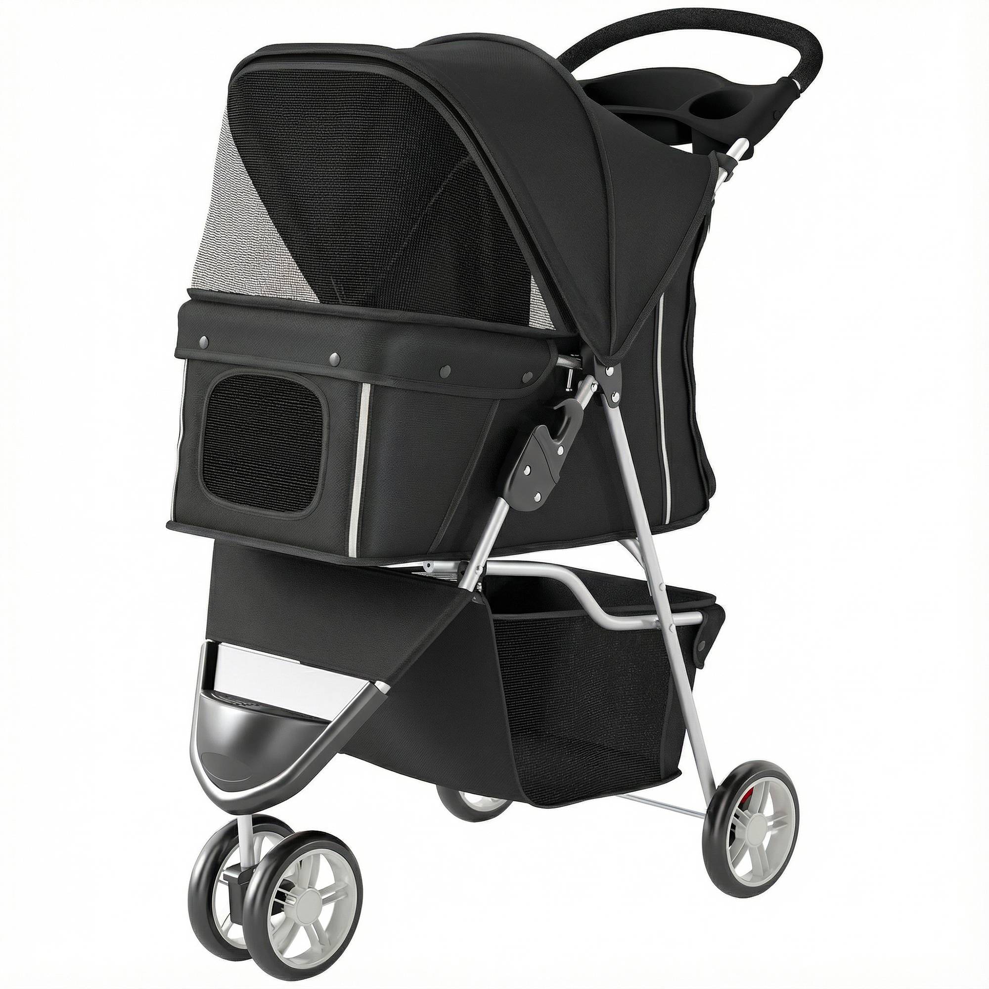 Poussette pour petit chien avec panier de rangement, fenêtres en filet et ceinture de sécurité, 77 x 44 x 102 cm, noire - Image 2