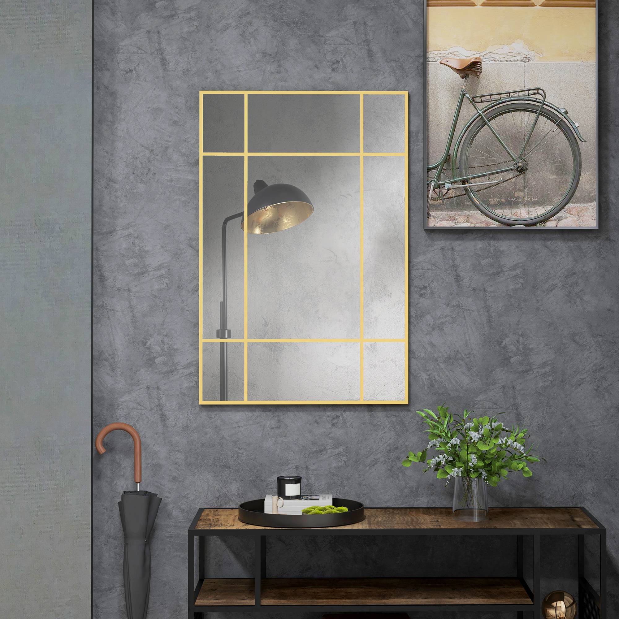 Sans Marque - Miroir mural décoratif cadre métal rayures dorées verre multicouche 90x2x60 cm - Image 3