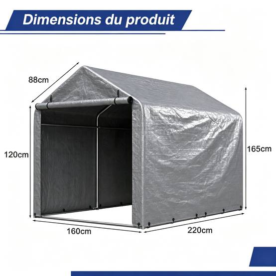 Abri de stockage porte enroulable 220×160×165 cm, bâche étanche anti-UV, acier galvanisé gris - Image 2