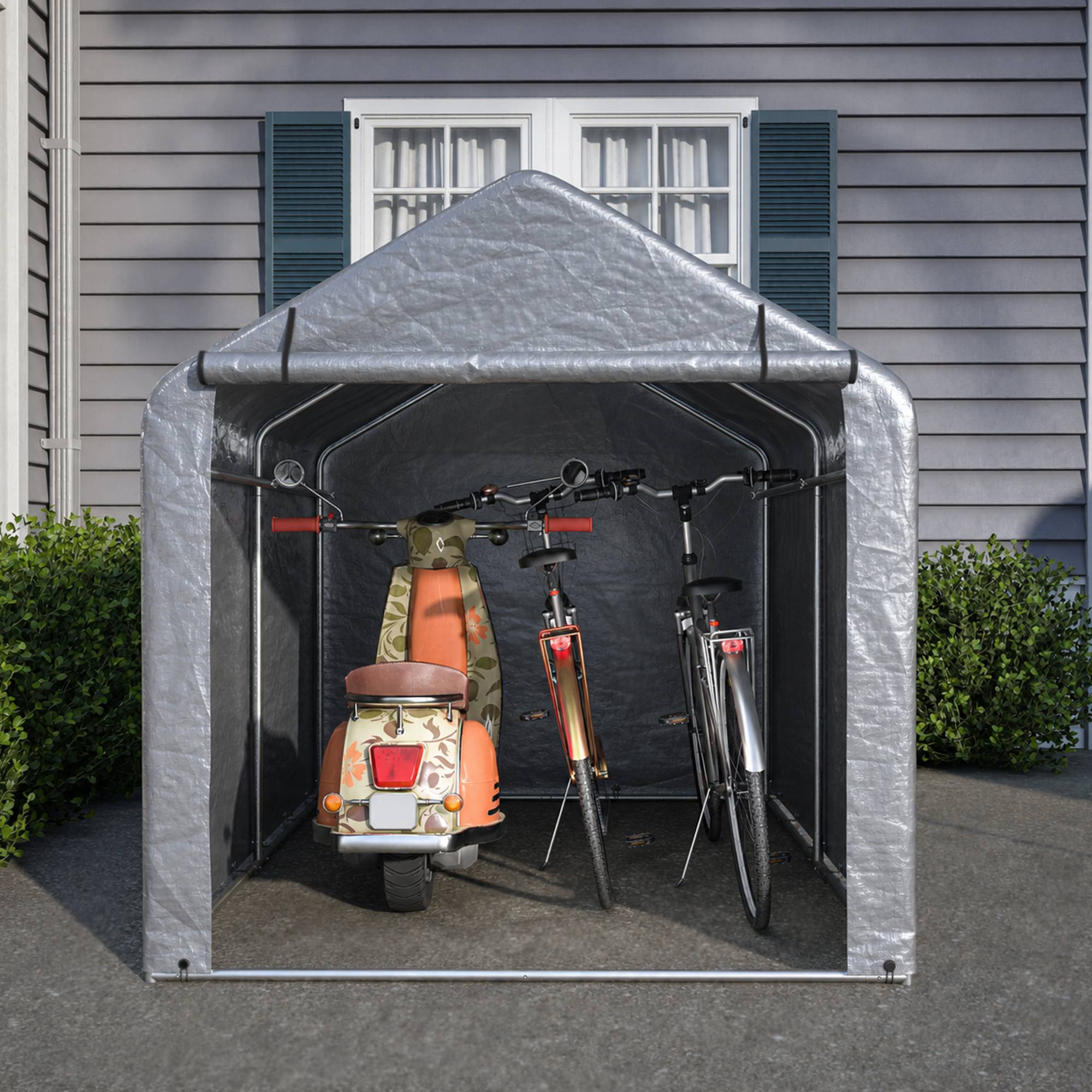 Abri de stockage porte enroulable 220×160×165 cm, bâche étanche anti-UV, acier galvanisé gris - Image 3
