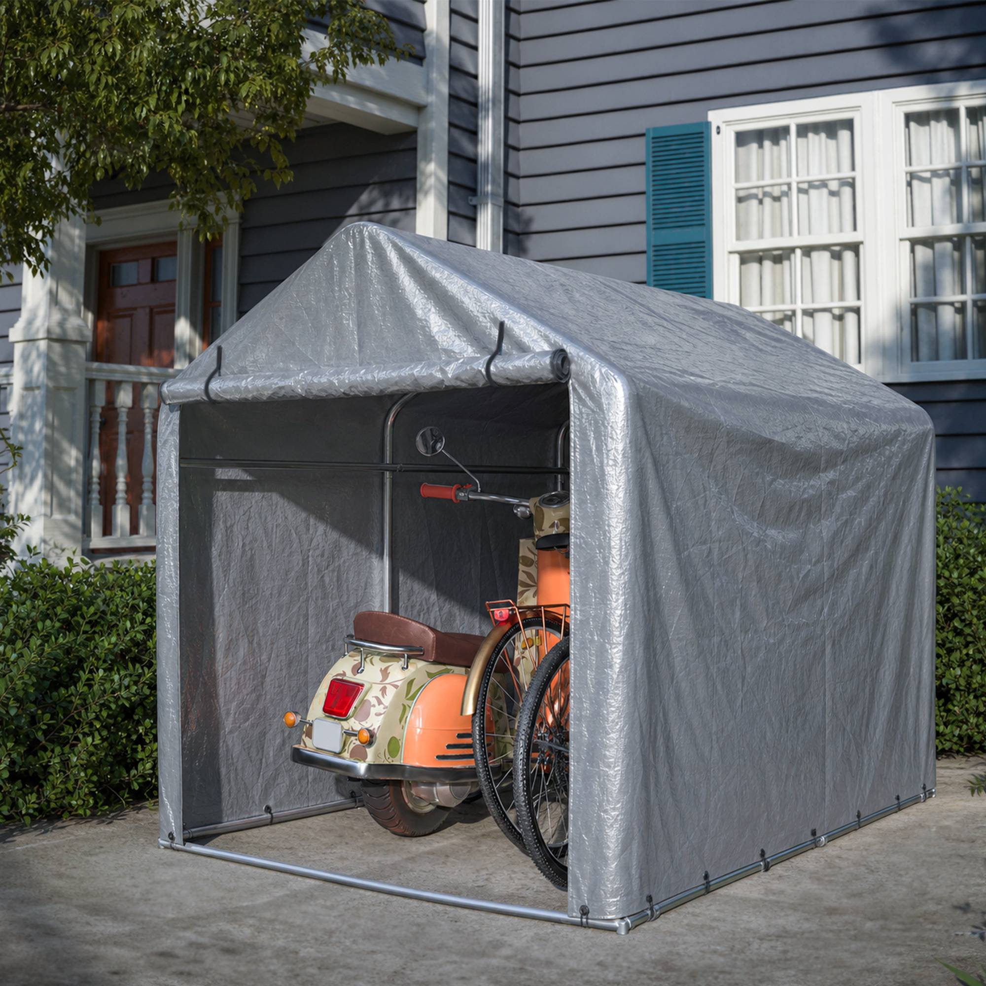 Abri de stockage porte enroulable 220×160×165 cm, bâche étanche anti-UV, acier galvanisé gris - Image 4